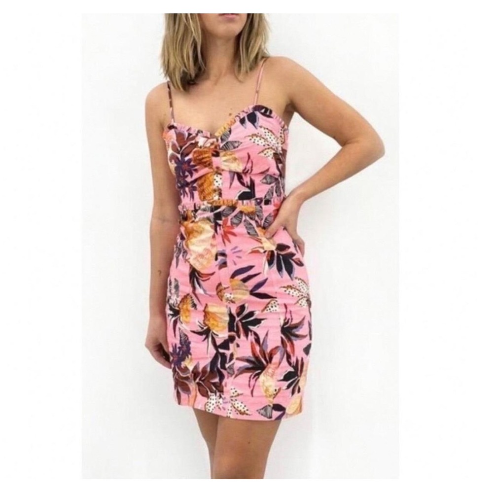 Farm Rio Tropical Pineapple Linen Smocked Mini Dress Small Ruffle Resortwear